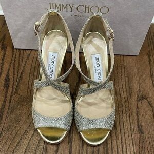 Jimmy Choo Gold Emily 85 Glittered Woven Sandals 36